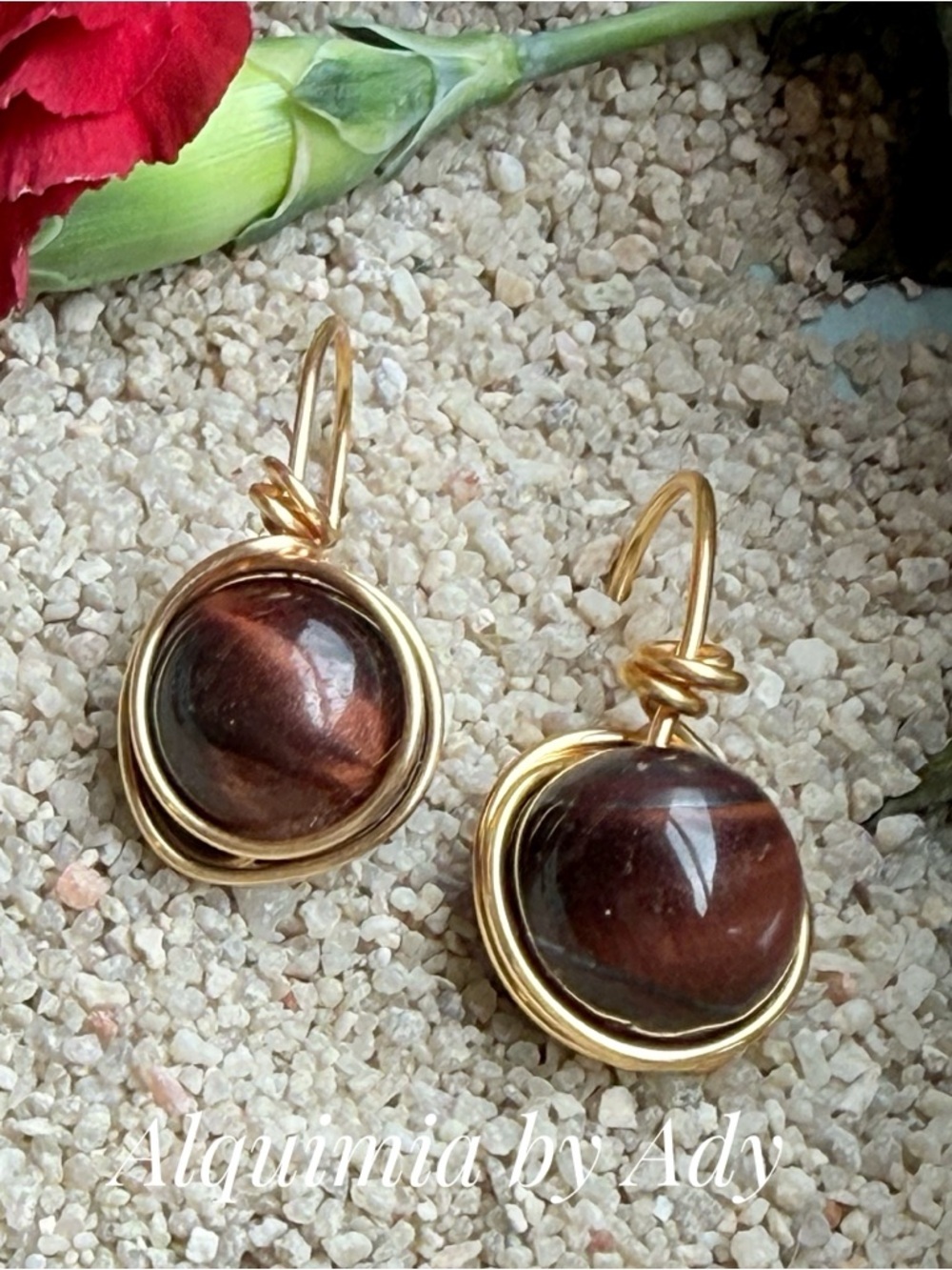 Alquimia Gold Wire-Wrapped Brown and Black Stone Drop Earrings